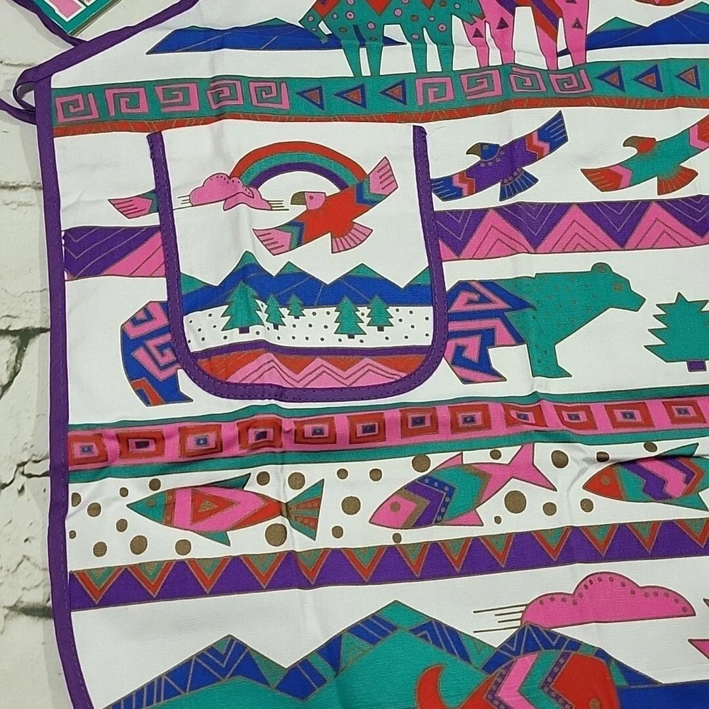 Vintage‎ ALASKA Apron Purple Inuit Arctic Print Bears Eagles 80s NOS
